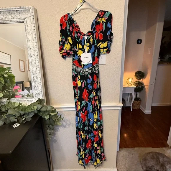 NWT RIXO  Floral Off the Shoulder Puff Maxi Dress Black 14 - Picture 14 of 16